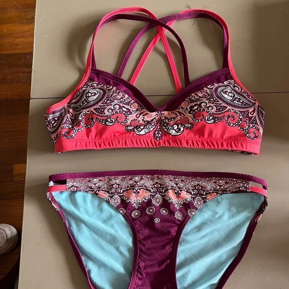 Athleta Pink & Purple Paisley Bikini Set sz S EUC